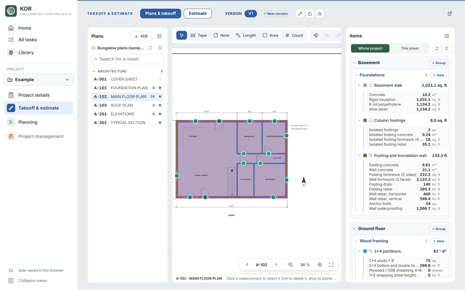 Plans and takeoff in KOR: plan sheets, measurements and calculated materials